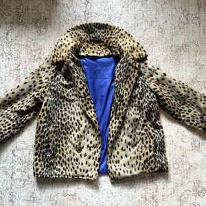 60’s Authentic Vintage Faux Leopard Print Collared Swing Coat w/ Blue Lining
